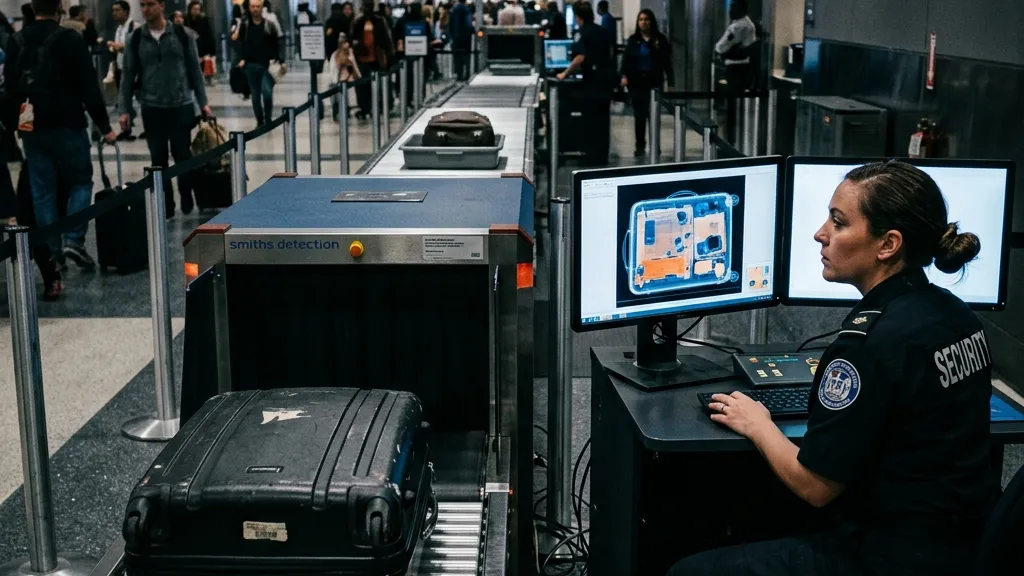 Realistic photography of luggage passing through a modern airport X-ray security scanner