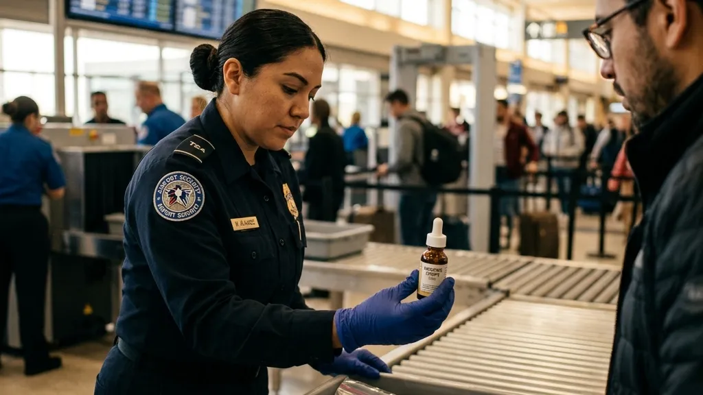 Realistic photography of a small medical dropper bottle being confiscated by an airport security officer