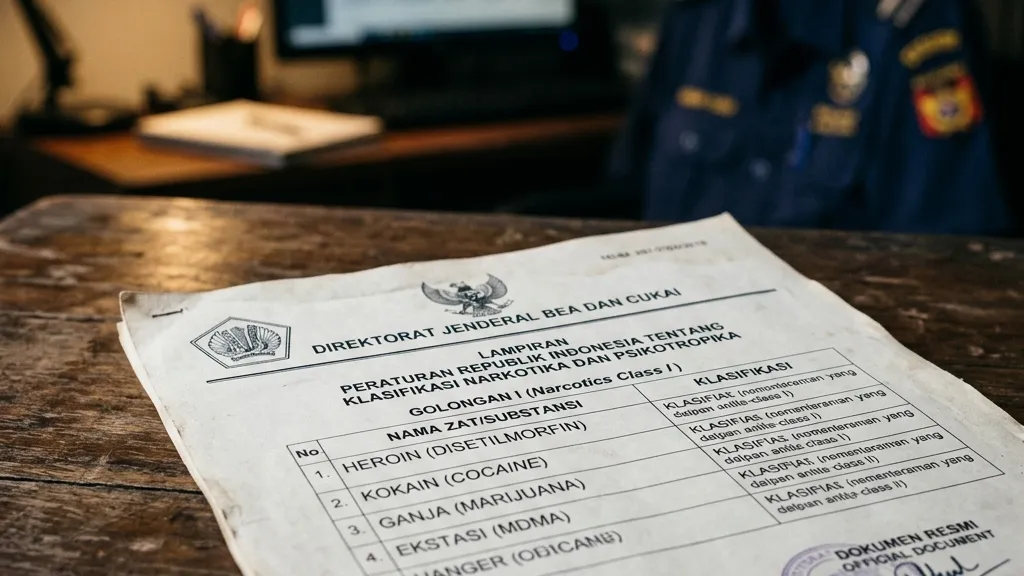 Realistic photography of an official Indonesian customs or police document detailing narcotics classifications