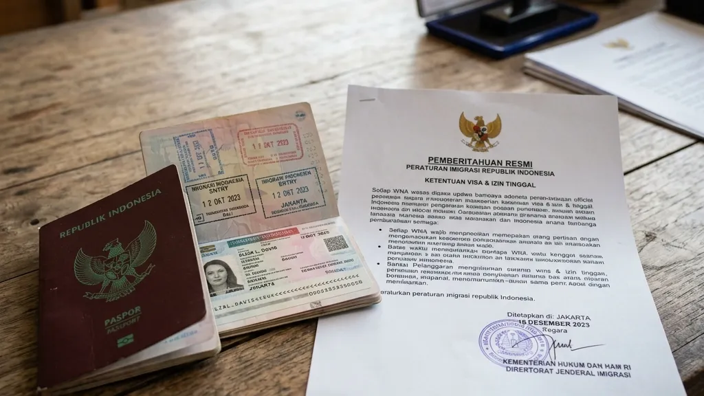 Realistic photography of a tourist's passport resting next to an official Indonesian legal notice