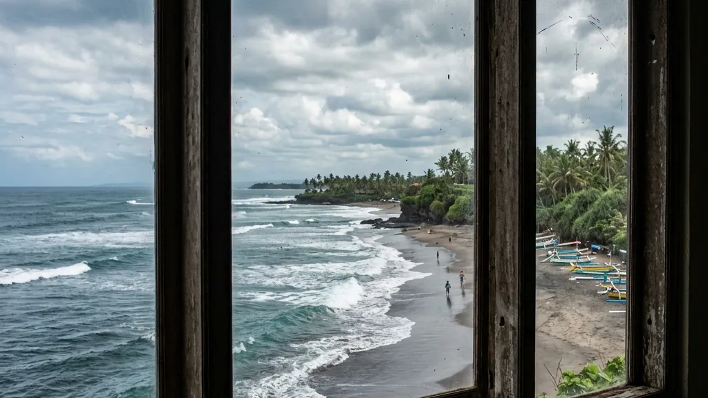 Realistic photography of a beautiful but slightly overcast Bali beach scene viewed from behind a barrier or window