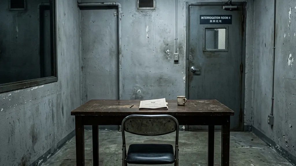 Realistic photography of an empty chair in a stark, dimly lit police interrogation room
