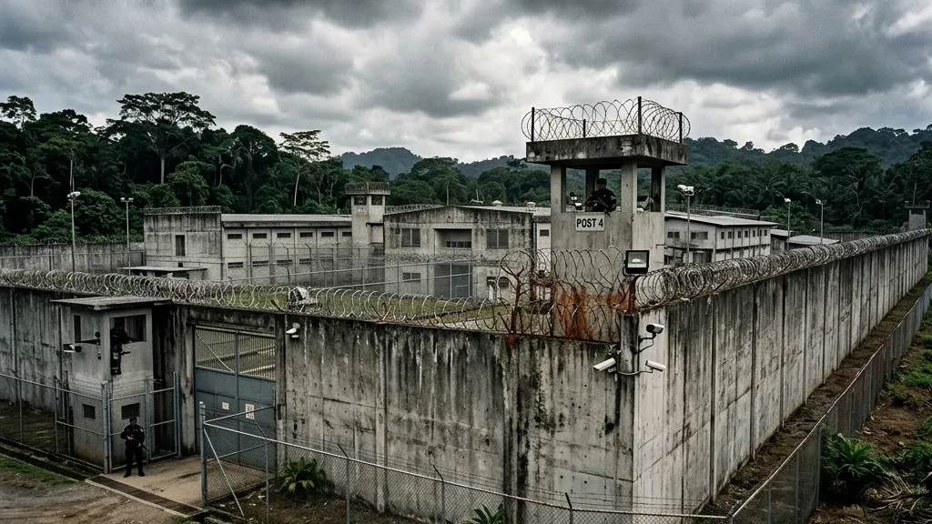 Realistic photography of the imposing exterior concrete walls and barbed wire of a tropical prison facility