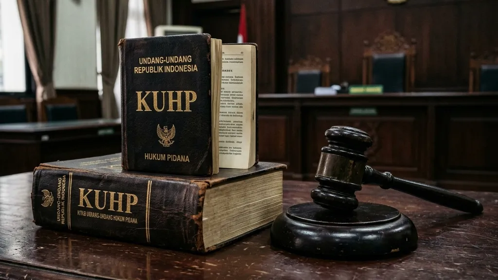 Realistic photography of an Indonesian law book or legal document with a judge's gavel on a dark wooden desk