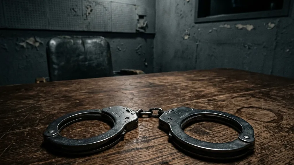 Realistic photography of a pair of metal handcuffs resting on a wooden table in a dimly lit interrogation room