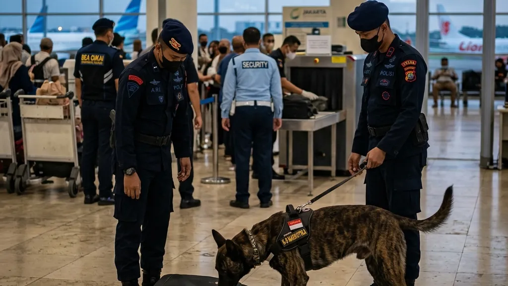 Realistic photography of a trained narcotics sniffer dog at an Indonesian airport checkpoint