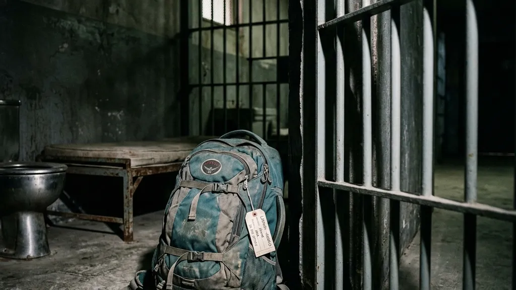 Realistic photography of a tourist backpack abandoned on the floor of a police station holding cell