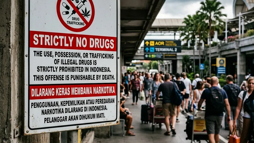 Realistic photography of a strict No Drugs warning sign at an Indonesian airport, illustrating the harsh reality of drug laws in Bali
