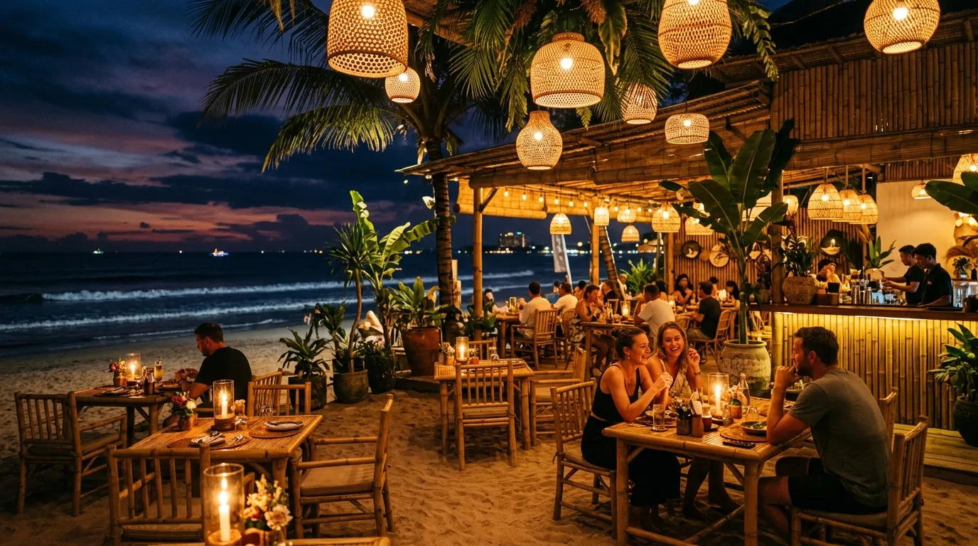 Cozy tropical open-air beach cafe in Bali at twilight with candlelit tables and warm ambient lighting