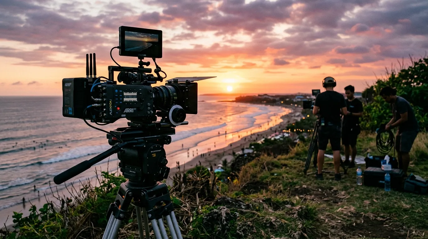 Cinema camera on a tripod overlooking Kuta beach coastline during sunset for documentary film production