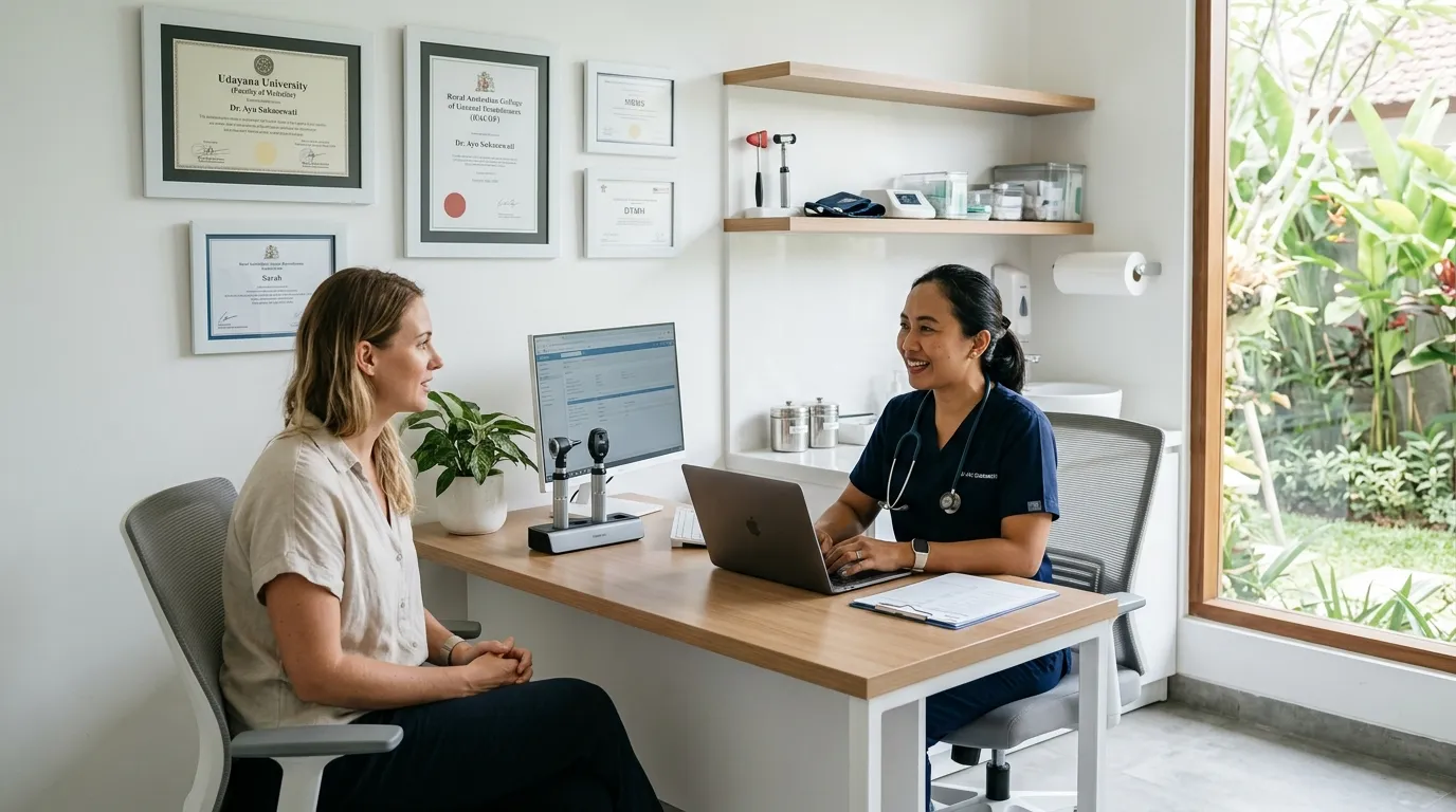 Doctor consulting with a patient in a modern medical clinic consultation room in Bali