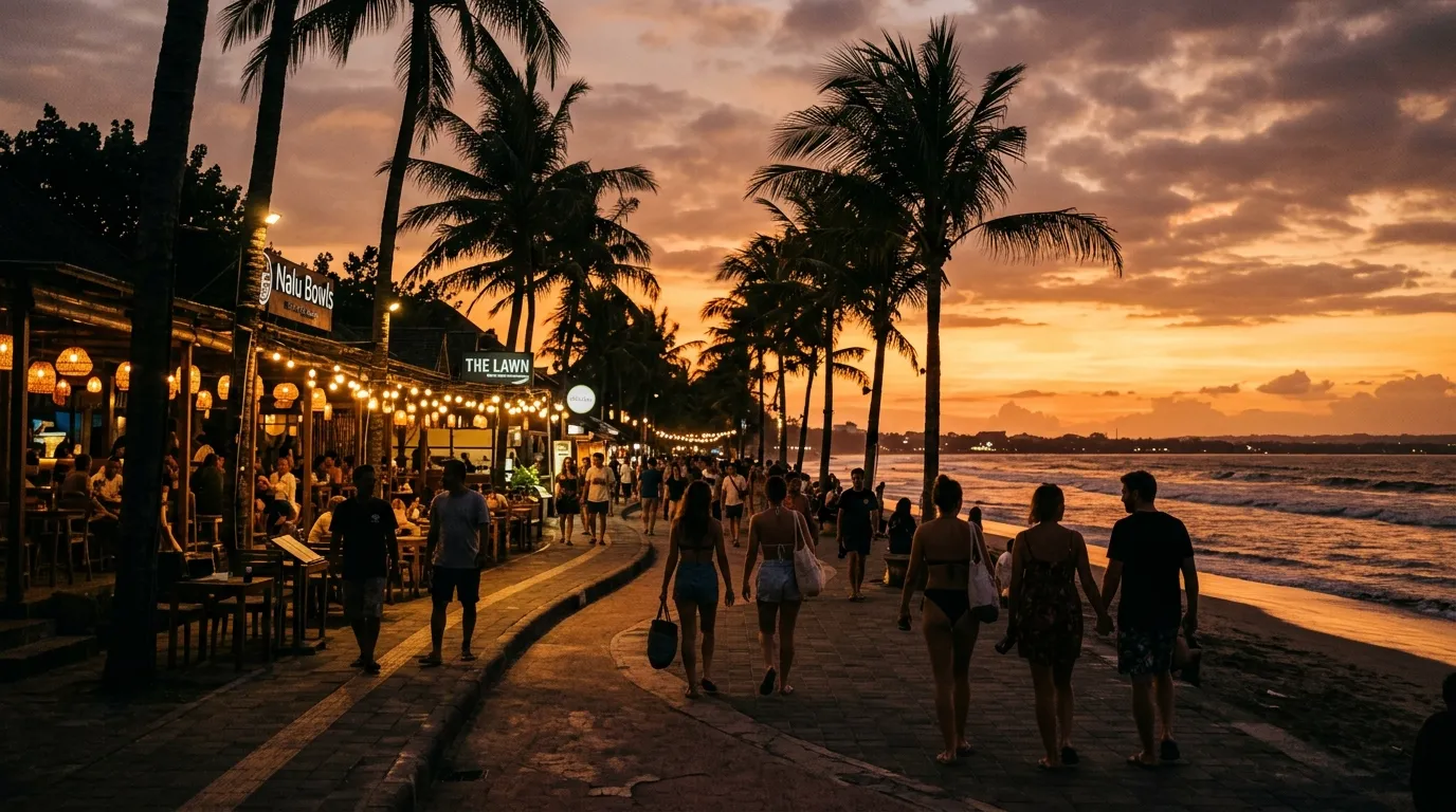 Dusk scene along Kuta beach promenade in Bali with tourists and locals walking along the coastal path under palm trees