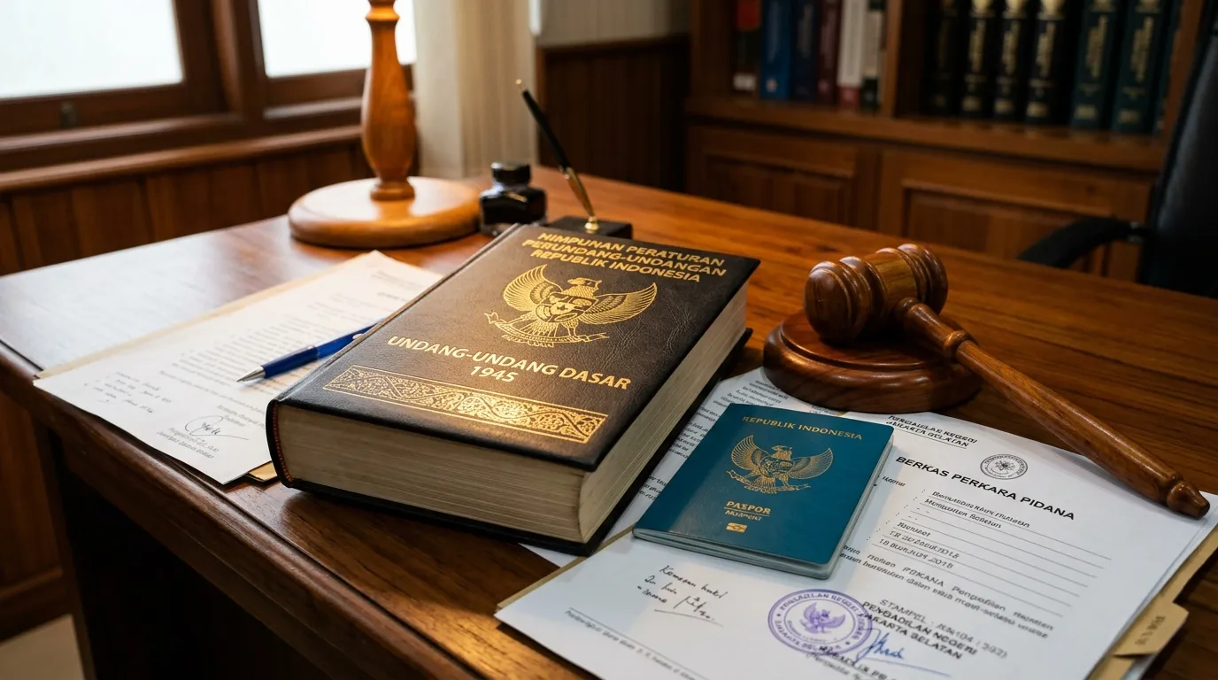 Indonesian legal statute book, passport, and judge's gavel on a wooden desk representing legal risks in Bali