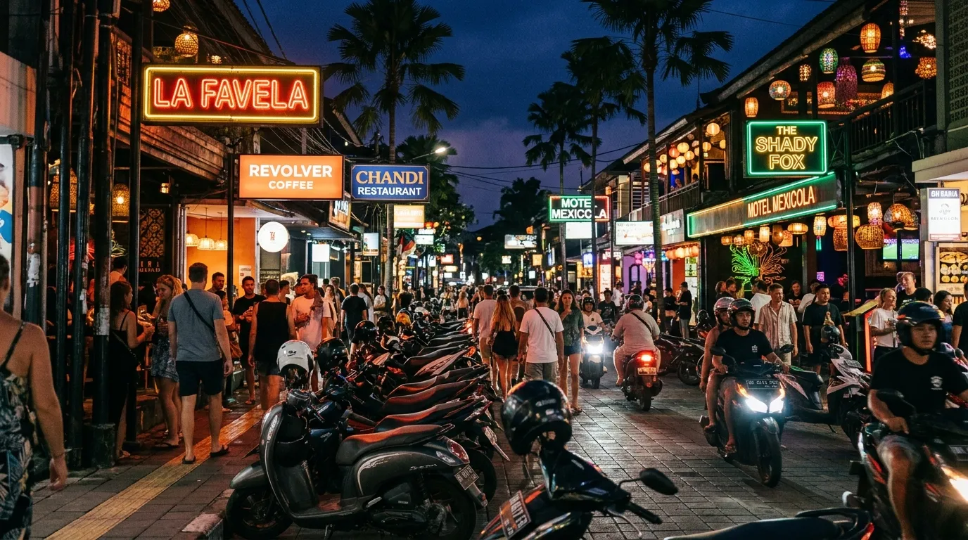 Bustling nightlife street scene in Seminyak Bali with neon signs and parked motorbikes at night