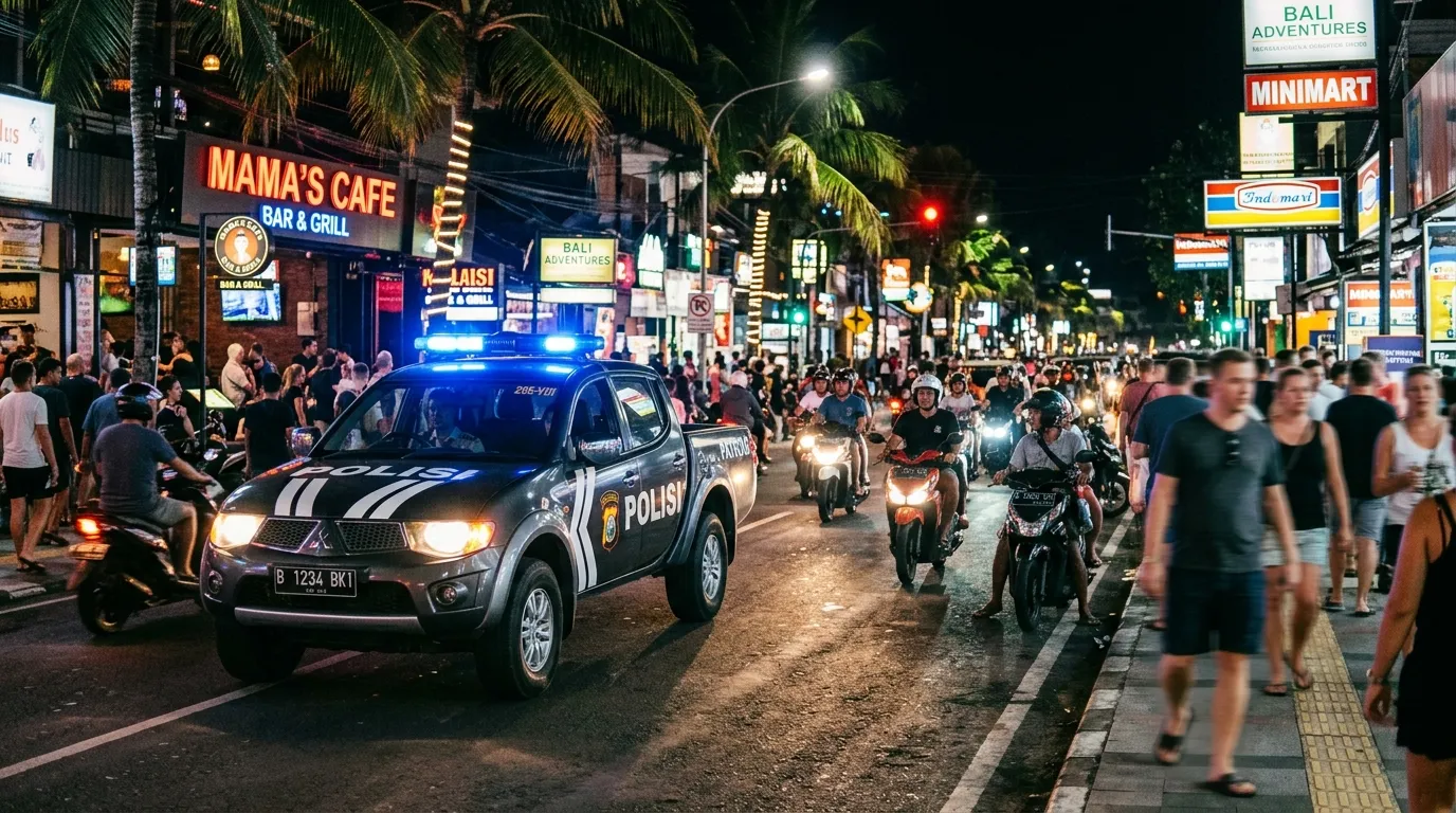 Official Indonesian police patrol vehicle with blue emergency lights on a busy Bali street at night