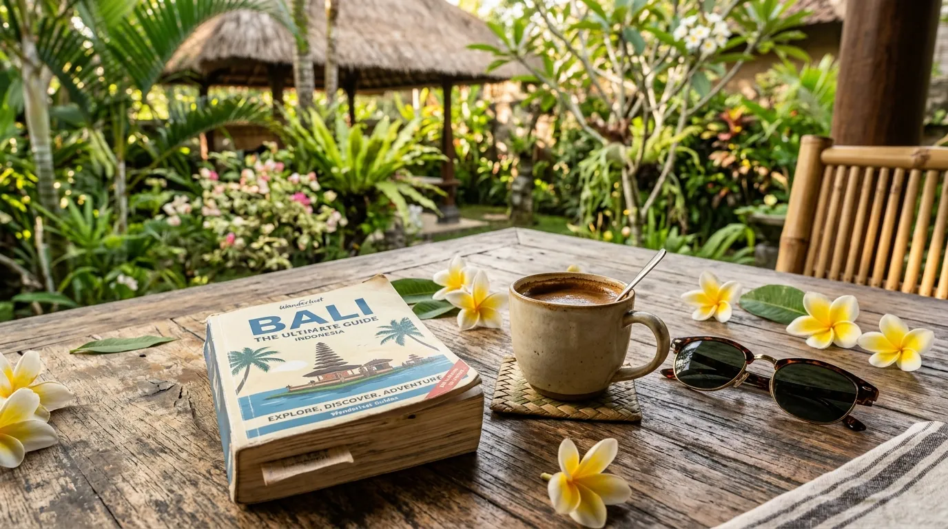 Bali travel guidebook, coffee cup, and sunglasses resting on a cafe table in a tropical garden