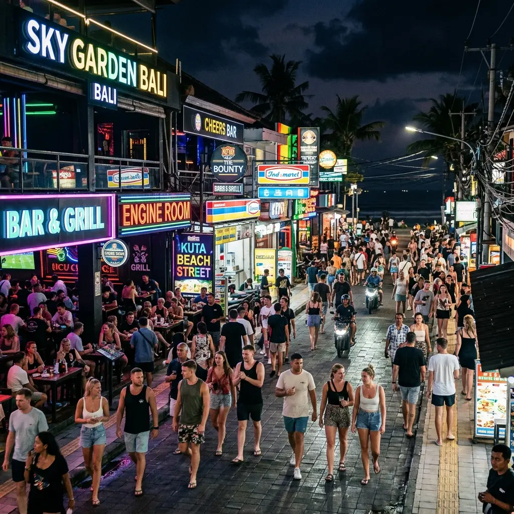 Nightlife entertainment venues along the busy tourist strip in Kuta Bali